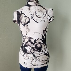 Express White and Black Floral Sketch Cap-Sleeve Top